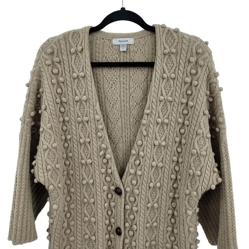Vintage 70's Faconnable cardigan sweater wool‎ long 3D knobby granny core tan S